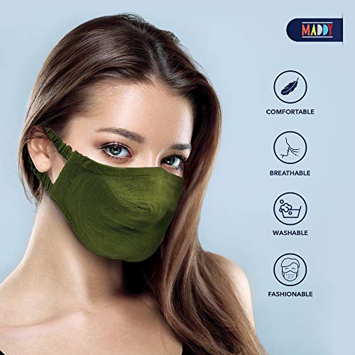 MADDY Face Mask Adult, 2-Layer Breathable Medium Sized Washable Cloth Mask, Linen & Cotton Blend, Stretchy Ear Loop for Perfect Shape - Reusable, Reversible - (Pack of 3) (Multi-Pack (3 pack))