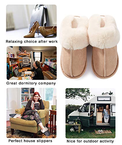 Womens Slipper Memory Foam Fluffy Soft Warm Slip On House Slippers,Anti-Skid Cozy Plush for Indoor Outdoor Tan 7-8