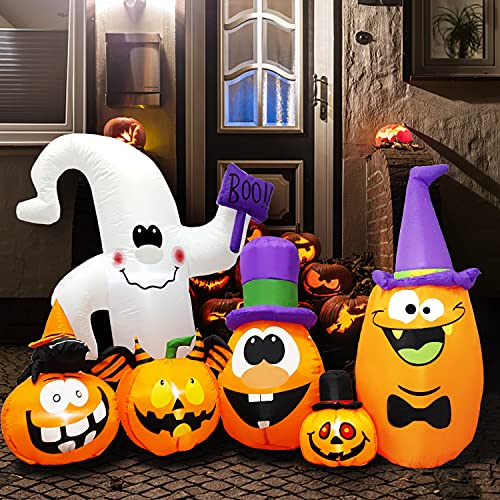 Yostyle 8FT Long Halloween Inflatables Pumpkin with 63” Cute Ghost Witch's Cat Outdoor Halloween Decorations with Build-in LED, Blow up Halloween Decorations for Yard, Garden Lawn Decor