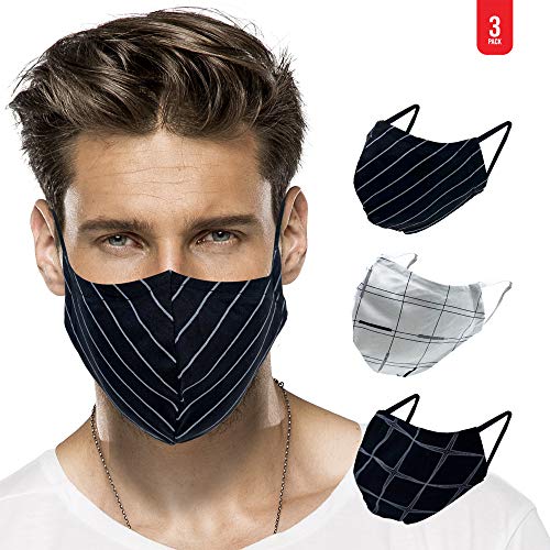 MADDY Face Mask Adult, 2-Layer Breathable Cotton - Perfect for Medium & Large Face - Washable Cloth, Stretchy Ear Loops - Reusable, Reversible - Black & White Geometric Unisex Print (Pack of 3)