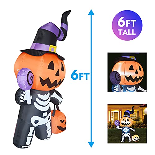 GOOSH 6 FT Height Halloween Inflatable Outdoor Pumpkin with Skull Body, Blow Up Yard Decoration Clearance with LED Lights Built-in for Holiday/Party/Yard/Garden