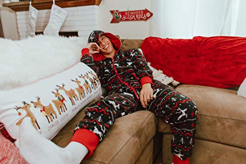 Unisex Black & Red Fair Isle Reindeer Cozy Jumpsuit - Cozy Christmas Onesie: Small