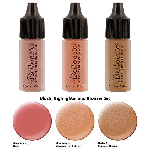Complete Professional Belloccio Airbrush Cosmetic Makeup System with a MASTER SET of All 17 Foundation Color Shades in 1/4 oz Bottles - Blush, Bronzer, Highlighter, 11 Free Bonus Items, Video Link