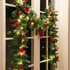 Hanizi 9 FT Christmas Garland, Battery Operated 8 Lighting Modes, Lighted Christmas Garland with 50 Leds, Pine Cones, Red Berries