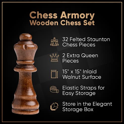 Chess Armory Chess Set 15" x 15"- Inlaid Walnut Wooden Chess Set with Folding Chess Board, Staunton Chess Pieces, & Storage Box - Chess Set Wood Board Game