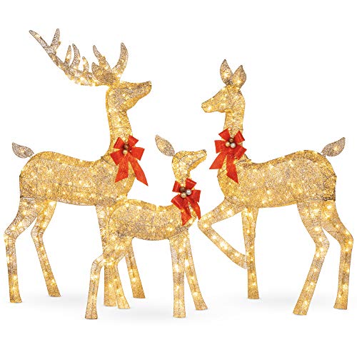 Best Choice Products 3-Piece Lighted Christmas Deer Family Set Outdoor Yard Decoration with 360 LED Lights, Stakes, Zip Ties - Gold