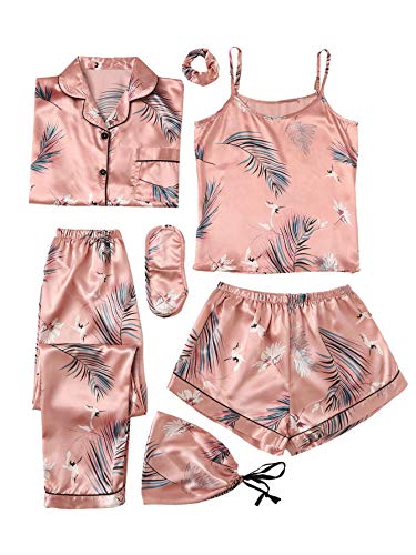 SheIn Women's 7pcs Pajama Set Cami Pjs with Shirt and Eye Mask Pink Crane X-Large