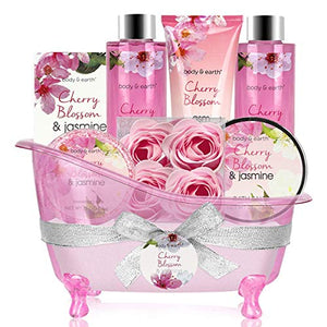 Gift Basket for Women - Spa Gift Baskets Body&Earth 8 Pcs Women Bath Sets with Cherry Blossom & Jasmine Scent Bubble Bath, Shower Gel, Body & Hand Lotion, Bath Salts, Christmas Gifts Set for Women