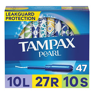 Tampax Pearl Plastic Tampons, Multipack, Light/Regular/Super Absorbency, Unscented, 47 Count