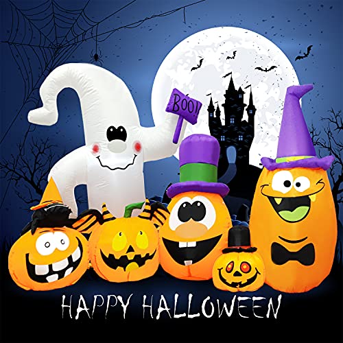 Yostyle 8FT Long Halloween Inflatables Pumpkin with 63” Cute Ghost Witch's Cat Outdoor Halloween Decorations with Build-in LED, Blow up Halloween Decorations for Yard, Garden Lawn Decor