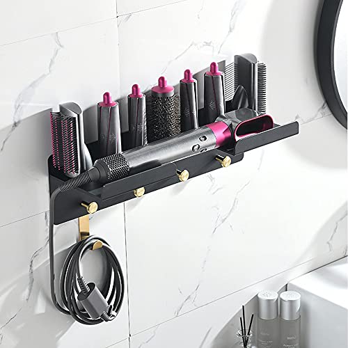 Affogato Wall Mount Holder Adhesive for Dyson Airwrap Styler Supersonic Hair Dryer, Nail-Free or Perforat to Install, Organizer Storage Rack with Hooks for Curling Barrels Brushes Bedroom Bathroom