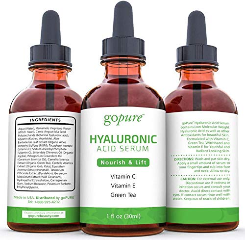 goPure Hyaluronic Acid Serum with Vitamin C, Green Tea & Vitamin E - Hydrating Anti Aging Serum - Hydrates & Plumps the Skin - Dry Skin, Fine Lines, Wrinkles - 1oz