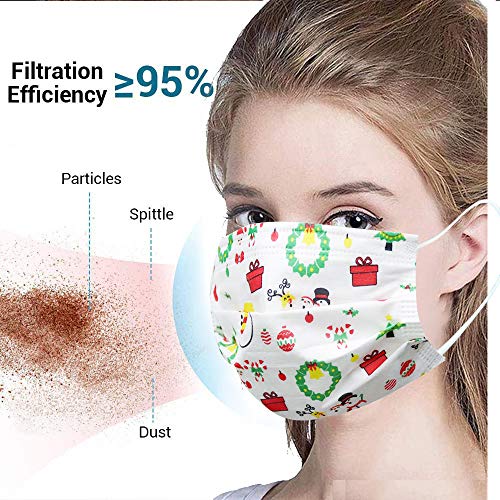 Christmas Face Mask Disposable Face Mask for Adult Women Men Christmas Disposable Face Masks Cute Printed Christmas Dessign Face Masks (50pcs White)