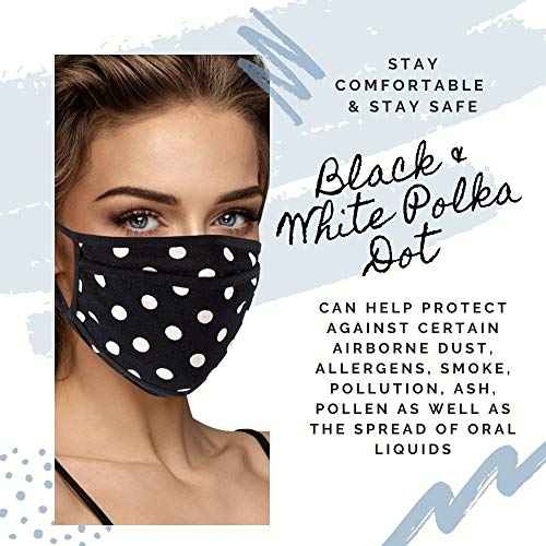 Cloth Face Mask Washable with Filter Pocket - Fashionable Women Designs are Washable, Breathable and Reusable - Soft Cotton Blend for Comfortable Protective Covering - Made in USA (Black/White Polka)