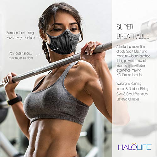 Halo Life Face Mask - Reusable/Washable with Replaceable Nanofiber Filter - Lightweight Ultra-Breathable, Specific Sizes, Adjustable to fit for Women/Men/Children- 200 Hour Filter Life - Black w/Grey