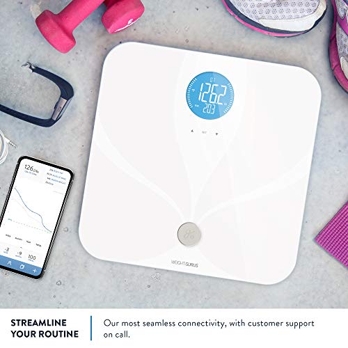 WiFi Smart Connected Body Fat Bathroom Scale by Weight Gurus (2019 Update) Backlit LCD, ITO Conductive Surface Tech, Accurate Precision Health Alerts, Measurements, and Monitoring (WiFi 2019)