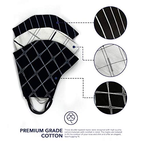 MADDY Face Mask Adult, 2-Layer Breathable Cotton - Perfect for Medium & Large Face - Washable Cloth, Stretchy Ear Loops - Reusable, Reversible - Black & White Geometric Unisex Print (Pack of 3)