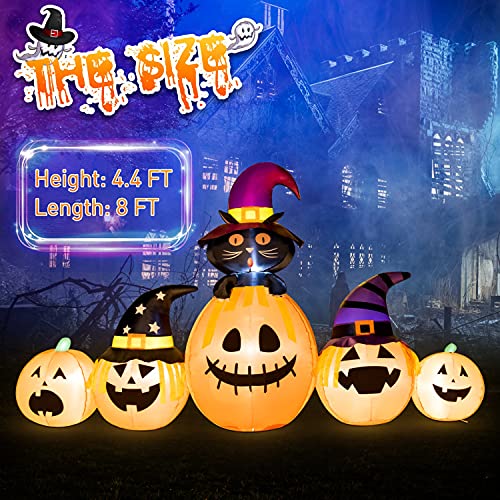 Rocinha Halloween Inflatables Pumpkin with Witch's Cat, 8 Ft Inflatable 5 Pumpkins Blow Up Yard Decoration with Build-in LEDs Halloween Lawn Decoration for Outdoor, Garden, Party, Indoor