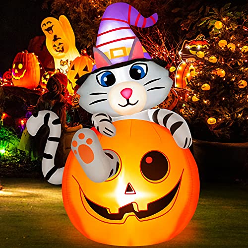 Rocinha Halloween Inflatable Cat in Pumpkin with Wizard Hat, 5 FT Halloween Blow Up Yard Decoration with Built-in LEDs, Outdoor Inflatable Decoration for Garden, Lawn, Yard, and Party