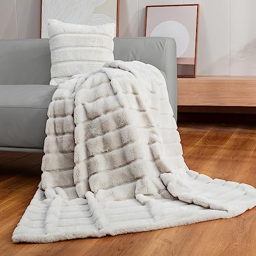 Cozy Bliss Faux Fur Throw Blanket for Couch, Cozy Warm Plush Striped Blanket for Sofa Bedroom Living Room, 50 * 60 Inches Beige