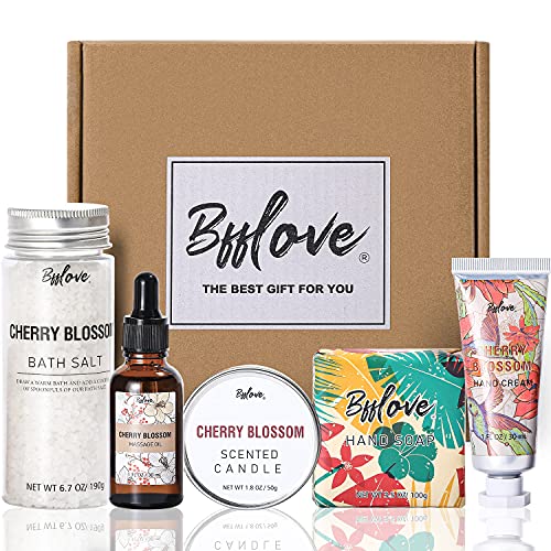 Gifts for Women, Bath and Body Set with Cherry Blossom Scent Spa Gift Set for Her, Including Massage Oil, Scented Candle, Bath Salt, Hand Cream and Soap. Christmas Gifts Box for Women,5 Pcs Bath Set