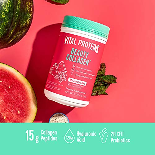 Vital Proteins Beauty Collagen Peptides Powder Supplement for Women, 120mg of Hyaluronic Acid - 15g of Collagen Per Serving - Enhance Skin Elasticity and Hydration - Watermelon Mint - 9oz Canister