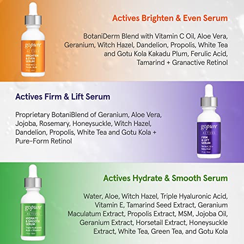 goPure Actives Facial Serum Trio Set - Hydrate & Smooth Skin Care Serum with Hyaluronic Acid For Youthful Skin - Firm & Lift Retinol Serum for Face - Brightening Vitamin C Serum - 3 Count x 1fl.oz