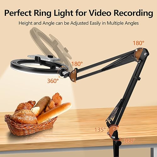 yAyusi Overhead Phone Mount with Ring Light, 10" LED Ring Light Phone Holder for Desk, Flexible Articulating Arm Overhead Camera Mount with Remote for Video Recording, Live Streaming, TikTok, YouTube