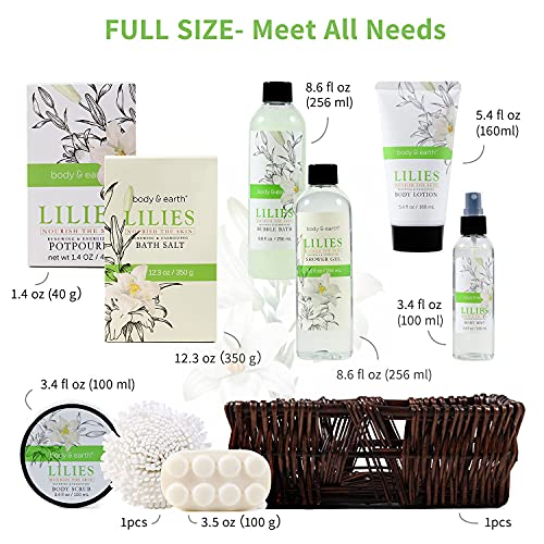Gift Baskets for Women, Body & Earth Spa Basket Gifts for Women, Lily 10pc Spa Kit Gift Set with Bubble Bath, Shower Gel, Body Scrub, Body Lotion, Bath Salt, Birthday Gifts for Women
