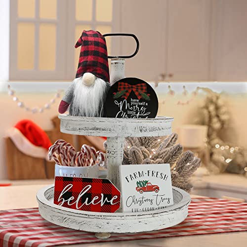 Christmas Decor - Christmas Decorations Indoor - Believe Merry Christmas Wooden Signs & Buffalo Plaid Gnomes Plush Set - Farmhouse Rustic Tiered Tray Country Decor for Home Room Table Mantle Fireplace