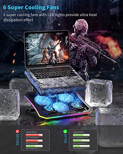 KeiBn Upgarde Laptop Cooling Pad, RGB Lights Laptop Cooler 6 Fans for 15.6-17.3 Inch Laptops, 7 Height Stands, 10 Modes Light, 2 USB Ports, Desk or Lap Use (A8,Blue)