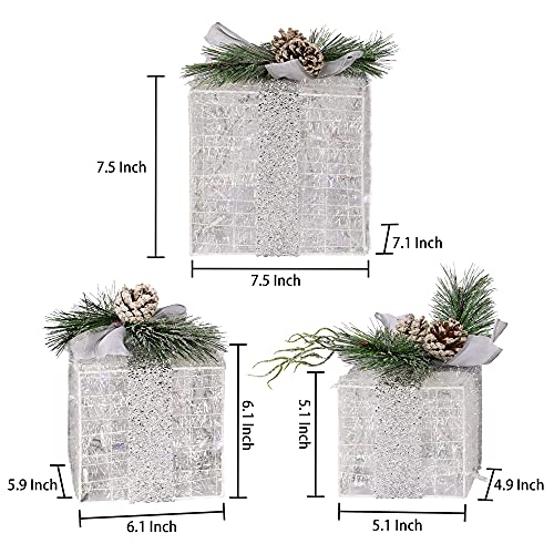 Hourleey Set of 3 Christmas Lighted Gift Boxes, Pre-lit 60 LED Light Up Present Boxes Ornament Outdoor Warm White Tinsel Boxes Decoration for Indoor Christmas Home Yard Lawn Decor