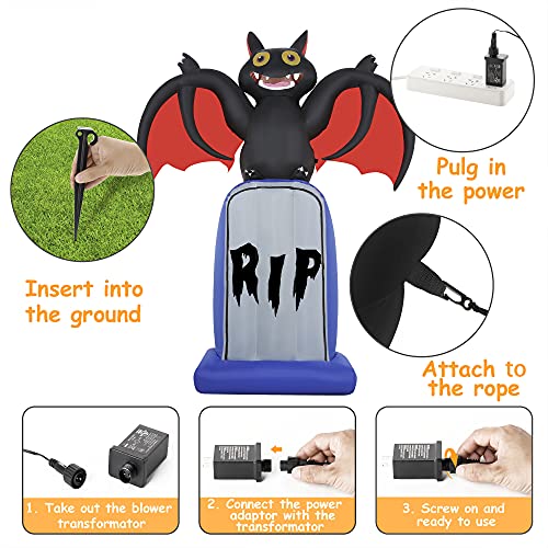 HOOJO 6 FT Halloween Inflatables Outdoor Decoration Black Bat on Tombstone with Build-in LED Lights, Blow Up Inflatables Yard Decoration for Halloween Holiday Party Yard Garden Lawn