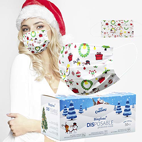 Christmas Face Mask Disposable Face Mask for Adult Women Men Christmas Disposable Face Masks Cute Printed Christmas Dessign Face Masks (50pcs White)