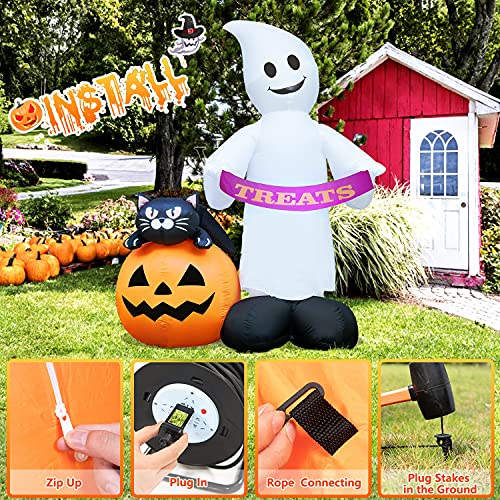 Rocinha Halloween Inflatables Ghost Pumpkin with Black Cat, 6FT Ghost with Treats Banner Blow Up Yard Decorations with Build-in LEDs Halloween Lawn Decorations for Outdoor, Party, Garden, Indoor