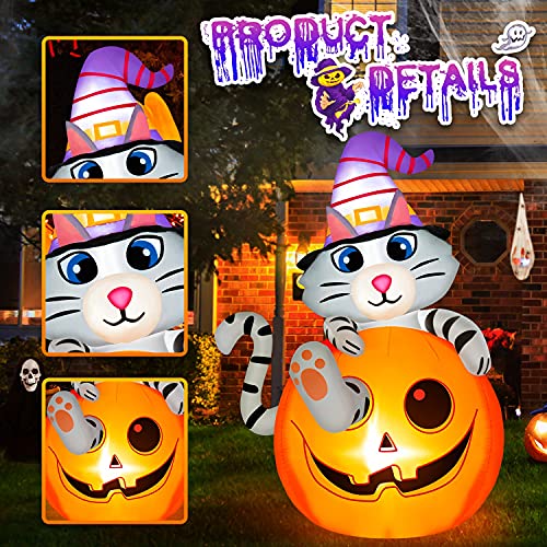 Rocinha Halloween Inflatable Cat in Pumpkin with Wizard Hat, 5 FT Halloween Blow Up Yard Decoration with Built-in LEDs, Outdoor Inflatable Decoration for Garden, Lawn, Yard, and Party