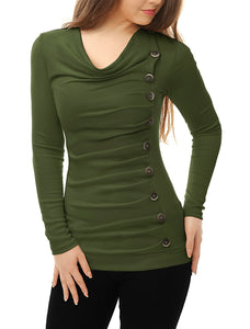 Allegra K Women's Cowl Neck Long Sleeves Buttons Decor Ruched Top Green XL (US 18)