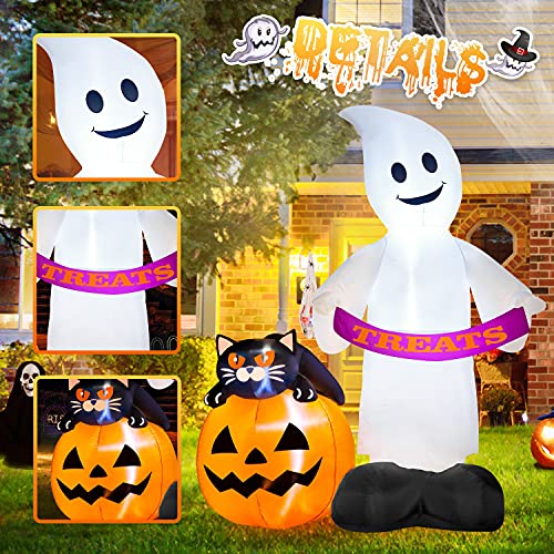 Rocinha Halloween Inflatables Ghost Pumpkin with Black Cat, 6FT Ghost with Treats Banner Blow Up Yard Decorations with Build-in LEDs Halloween Lawn Decorations for Outdoor, Party, Garden, Indoor