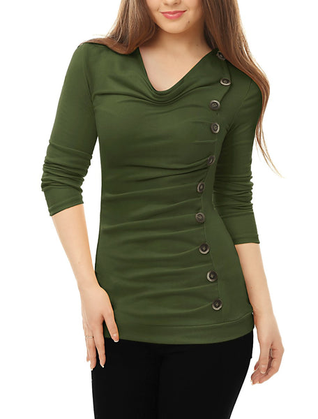 Allegra K Women's Cowl Neck Long Sleeves Buttons Decor Ruched Top Green XL (US 18)