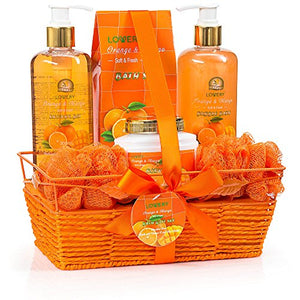 Home Spa Gift Basket - Orange & Mango Fragrance - Luxurious 7 Piece Bath & Body Set For Women & Men, Contains Shower Gel, Bubble Bath, Body Lotion, Bath Salt, 2 Bath Poufs & Handmade Basket