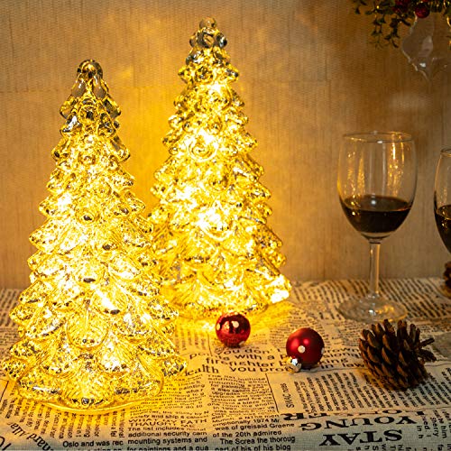 KI Store Lighted Glass Christmas Tree Figurine with Timer Set of 3 Mercury Glass Christmas DecorationBattery Operated for Centerpieces Window Tabletop Mantel