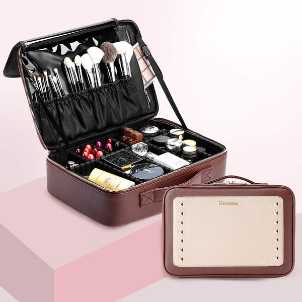 Women Rivet Train Case Makeup Organizer with Compartment Watererproof Travelling Cosmetic Bag for Brush 16"x11.4"x4.3"