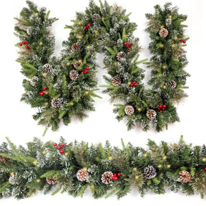 HomeKaren Christmas Garland Snowy 9ft with 50 Lights, Red Berry and Pine Cone, Lush Christmas Decor with 50 Led Light Timer for Mantle Staircase Indoor and Outdoor
