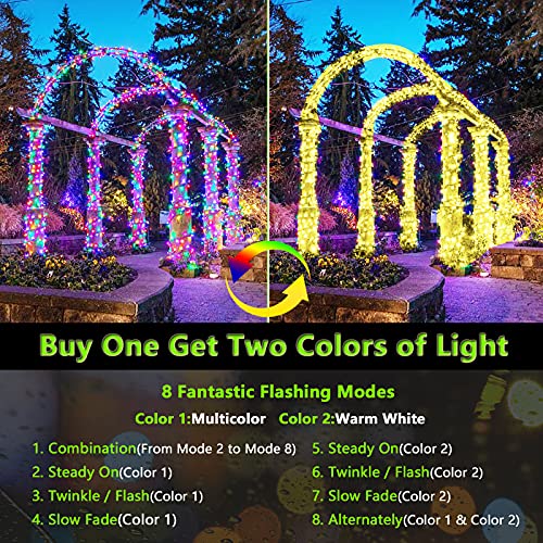 Gogsic Solar Outdoor String Lights with Remote, 108FT 300 LED Dual-Color 8 Lighting Modes Waterproof Fairy Twinkle Christmas Lights PVC Green Copper Wire for Christmas Tree Decor Multicolor&Warm White