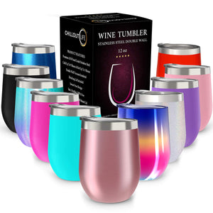 CHILLOUT LIFE 12 oz Stainless Steel Tumbler with Lid & Gift Box | Wine Tumbler Double Wall Vacuum Insulated Travel Tumbler Cup for Coffee, Wine, Cocktails, Ice Cream - Rose Gold Tumbler