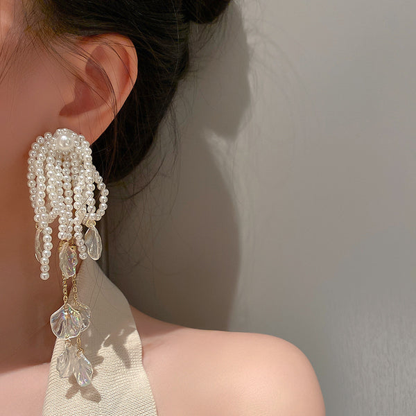 Female Exaggerated Long Pearl Earrings Shell Bow Tassel Earrings