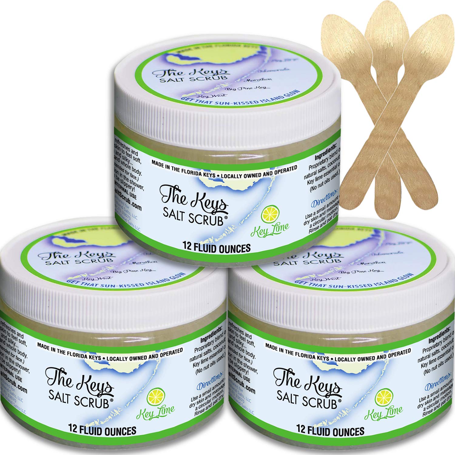 The Keys Salt Scrub : Premium Exfoliating Sea Salt Body Skin Scrubs - Made with Pure Florida Sea Salt and Organic Coconut Oil + FREE Wooden Spoon (Key Lime, Bulk 3 Pack 12 oz)