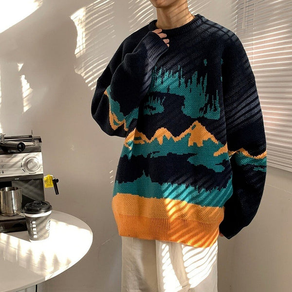 Oversized Winter Sweater with Mountain Pattern