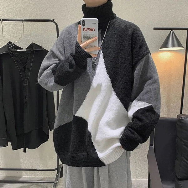 Patchwork Knitted Sweater Turtleneck Collar