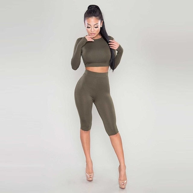 2 Piece Set Women Sexy Long Sleeve Top+Biker Shorts Track Suit Bodycon Tracksuit Casual Two Pieces Outfits Tight Sweatsuit